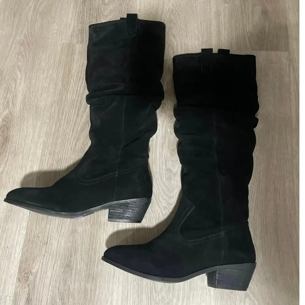 Anthropologie Black Leather Suede Tall Boots, size 38, 7.5-8 casual, classic